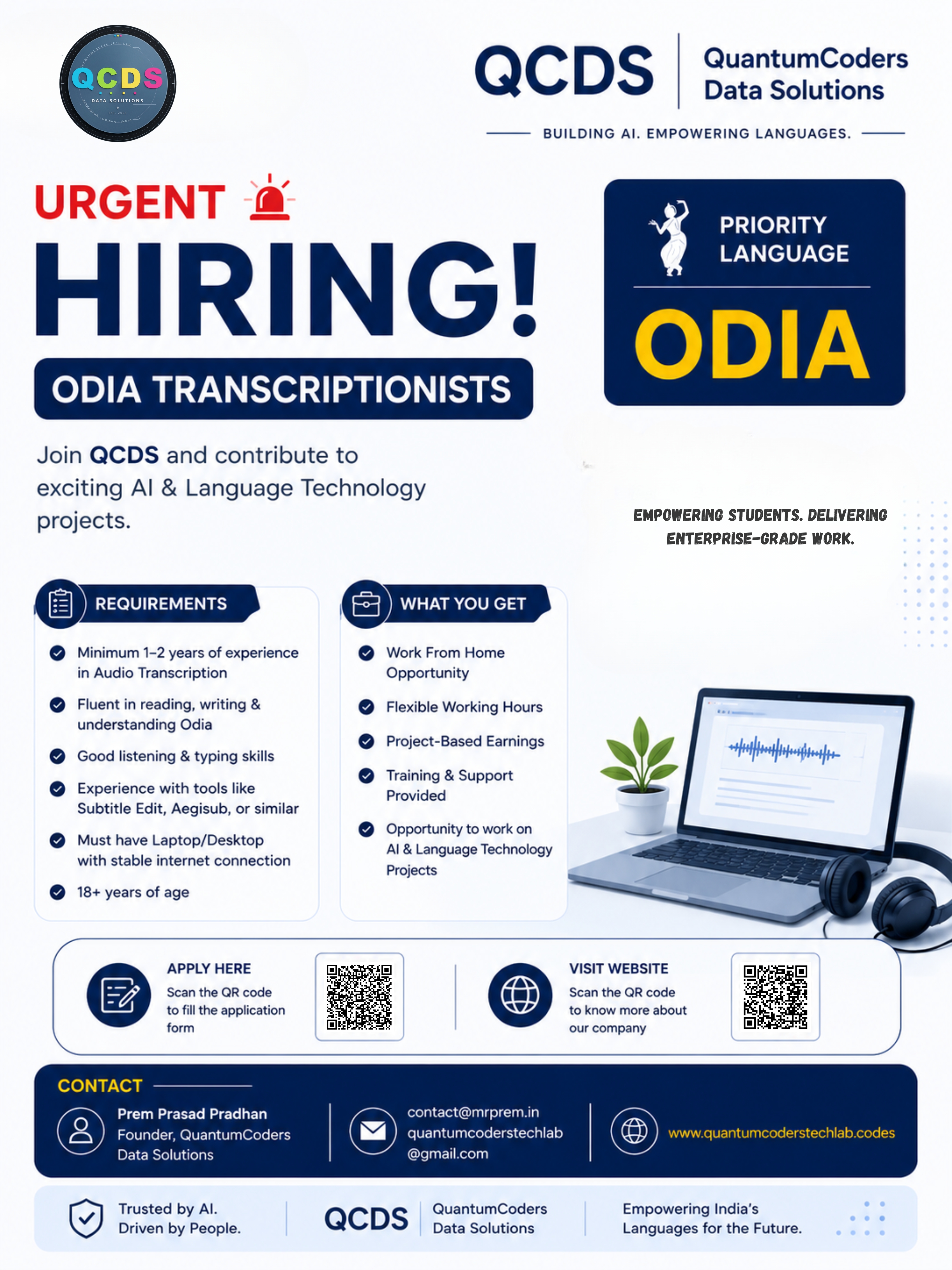 QuantumCoders & DesiCrew Odia Transcriptionist Recruitment Poster